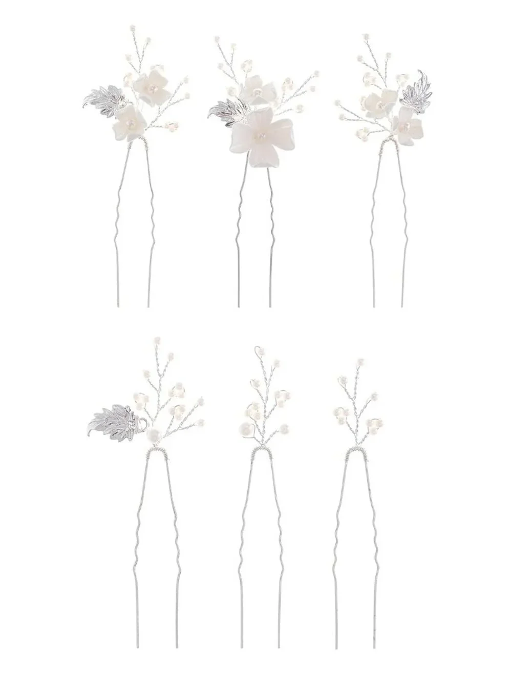 Women's Silver 6 Pieces Handmade Gold Leaf Pearls Flower Bridal Hair Bridesmaid